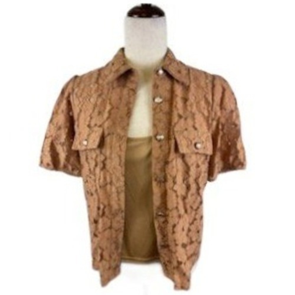 Saks Fifth Avenue Twinset Set Lace Shirt Cami Tan Button Short Sleeve Size Small